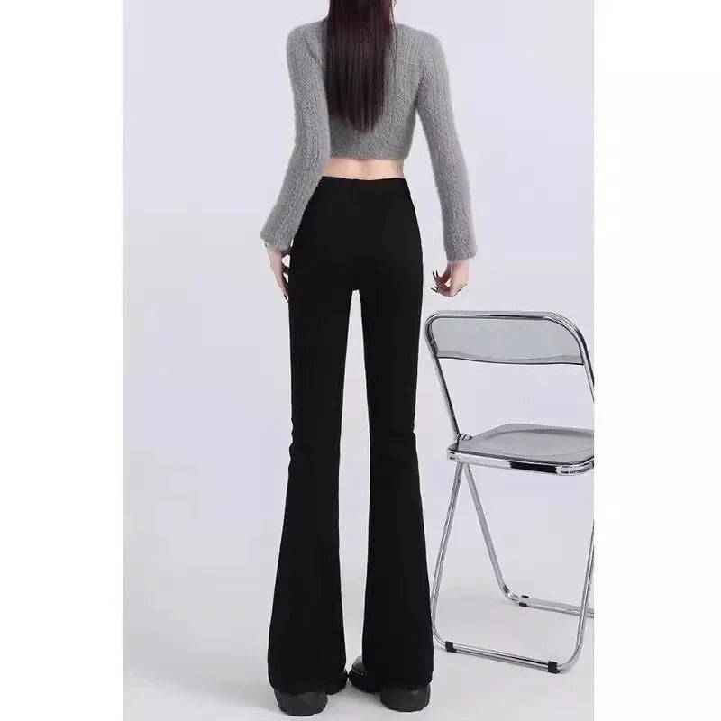 High Waist Bell Bot Denim Jeans Women's Light Colored Peach Butt Design Slimming Fitted Floor Length Hoof Pants
