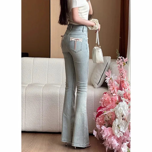 High Waist Bell Bot Denim Jeans Women's Light Colored Peach Butt Design Slimming Fitted Floor Length  Hoof Pants