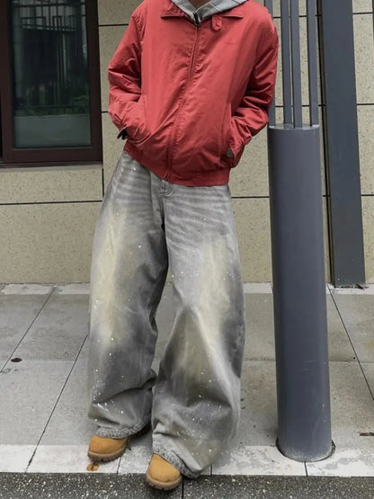 American High Street Retro Splaed Ink Design Knife  Jeans Men Loose Wide Leg Versatile Casual Drapey Long Pants