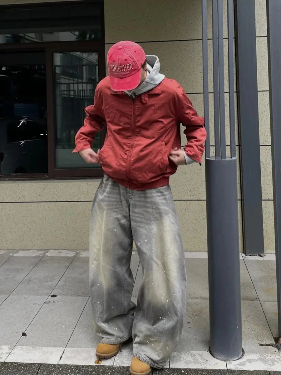 American High Street Retro Splaed Ink Design Knife  Jeans Men Loose Wide Leg Versatile Casual Drapey Long Pants