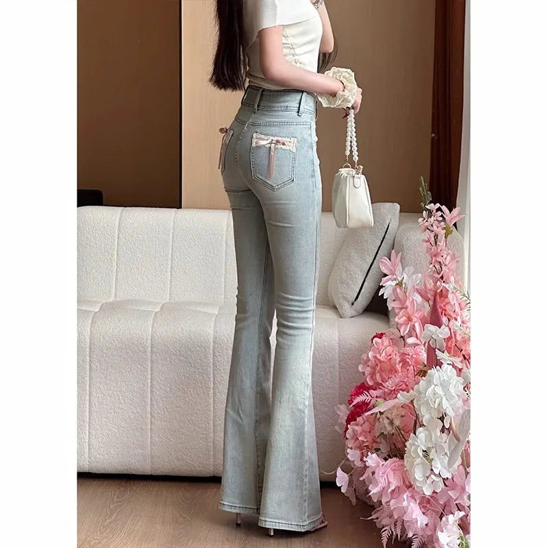 High Waist Bell Bot Denim Jeans Women's Light Colored Peach Butt Design Slimming Fitted Floor Length  Hoof Pants