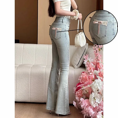 High Waist Bell Bot Denim Jeans Women's Light Colored Peach Butt Design Slimming Fitted Floor Length  Hoof Pants