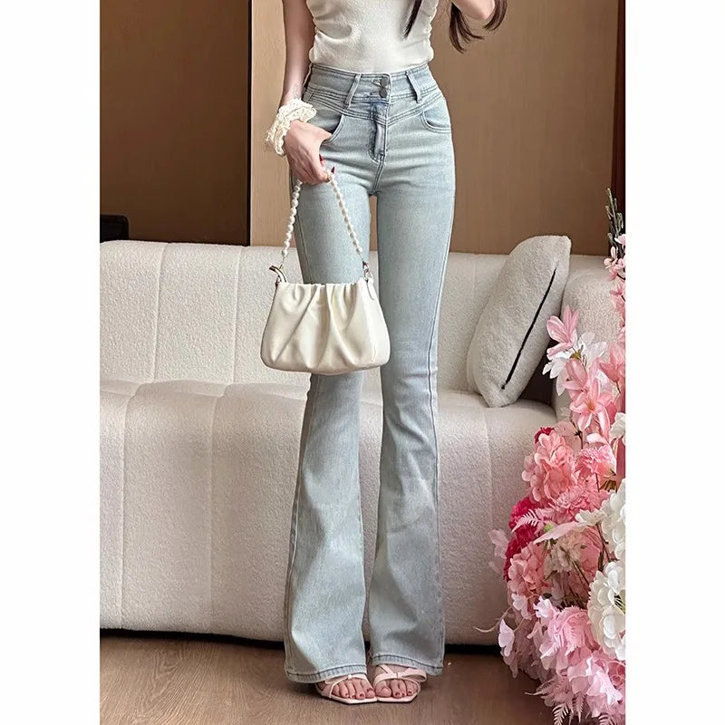 High Waist Bell Bot Denim Jeans Women's Light Colored Peach Butt Design Slimming Fitted Floor Length  Hoof Pants