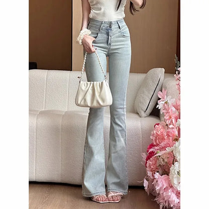High Waist Bell Bot Denim Jeans Women's Light Colored Peach Butt Design Slimming Fitted Floor Length  Hoof Pants