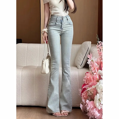 High Waist Bell Bot Denim Jeans Women's Light Colored Peach Butt Design Slimming Fitted Floor Length  Hoof Pants